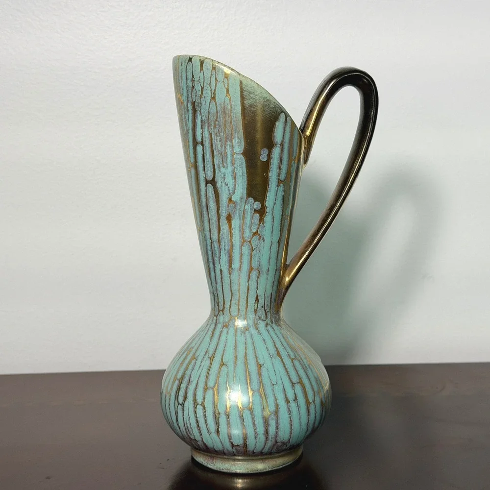 Vintage Carstens Tonnieshof Rimini Ewer Vase Turquoise Gold Drip Glaze W Germany